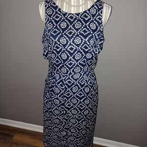 Blue & White pant jumpsuit, sleeveless, wide leg, pockets, NWOT, size Med
